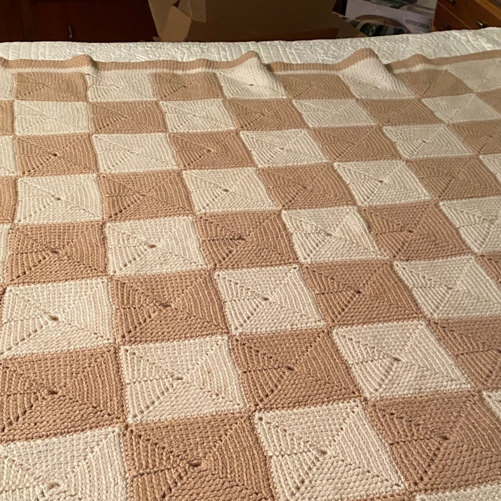 Neutral Checkerboard Crochet Throw Blanket in Cream and Tan
